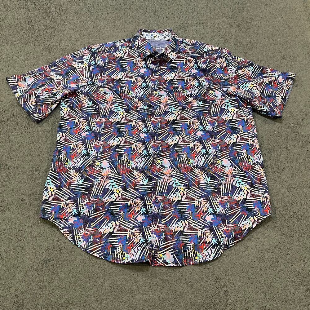 Tropical Graham Blue White Tropical Button Down Short Sleeve Shirt Men's Sz 1XLT